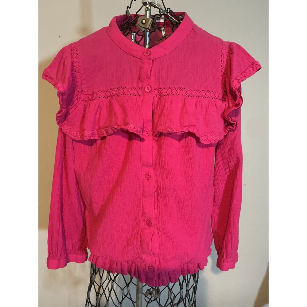 Day + Moon Hot Pink Ruffle Lace Trim Button Down Blouse Top A1412‎ Womens Large